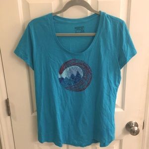 Patagonia scoop neck cotton printed tee, turquoise, XL